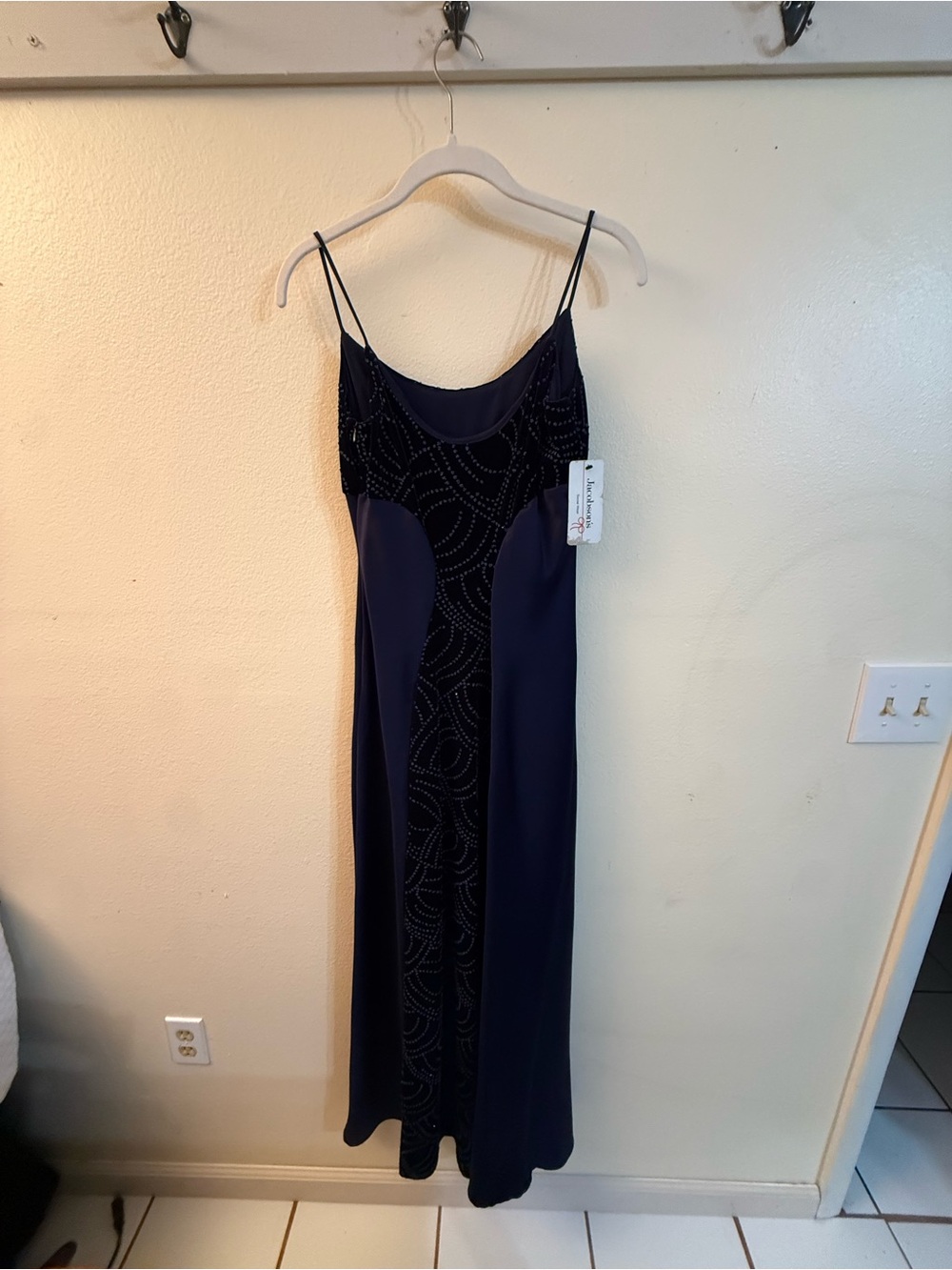 Beaded Navy Slip Prom Dress with Spaghetti Straps